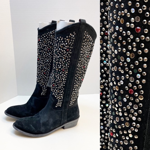 Beverly Feldman Shoes - Beverly Feldman Western Boots Black Suede Leather Rhinestone Multi-Color Size 9